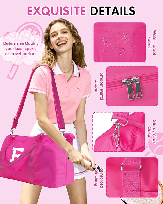 Overnight Bag for Kids Teen Girls Weekender Dance Bag Birthday Graduation Gifts,Initial Travel Duffel Bag Sports Gym Bag Personalized Weekender Bag Carry On Bags Preppy Gifts for Women(Hot Pink, F)