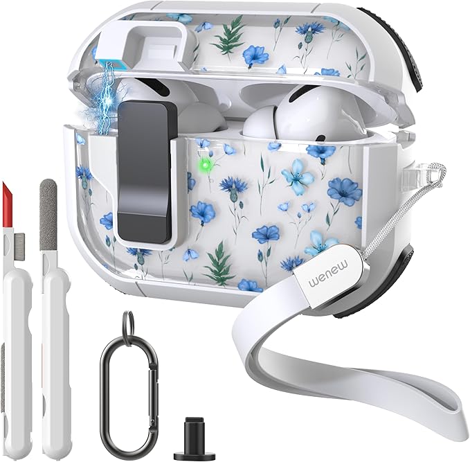 WENEW Case for AirPods Pro & Pro 2 Case Cover Secure Lock Automatic Snap Switch Clip Cleaner Kit Lanyard Women Stylish Flower Full Body Hard Shell Front LED Visible (Blue Flower, AirPods Pro & Pro 2)