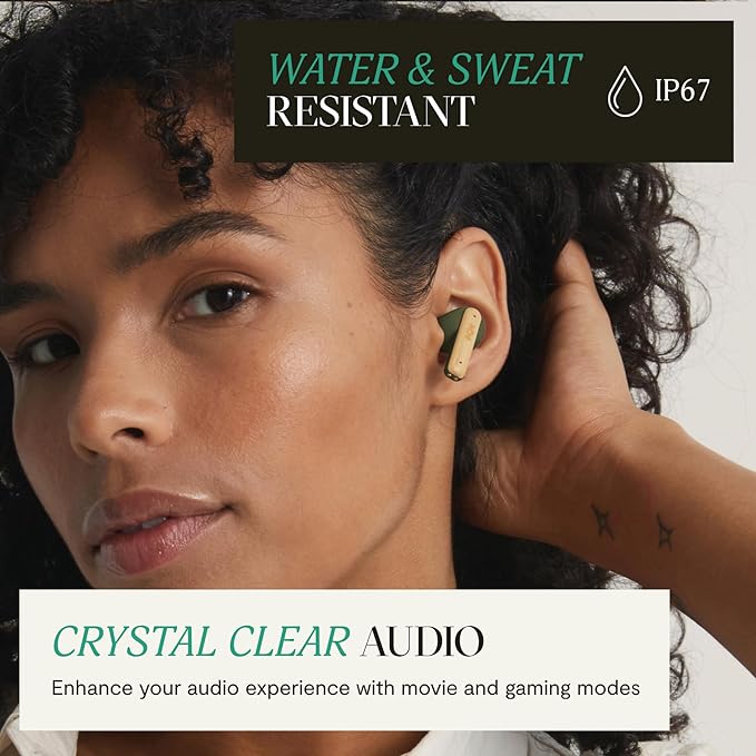 House of Marley Little Bird True Wireless Earbuds, Touch Controls, Built-in Mic, 24 Hours Playtime with Case, USB-C Quick Charge, Sustainable Materials, Movie and Gaming Mode (Green)