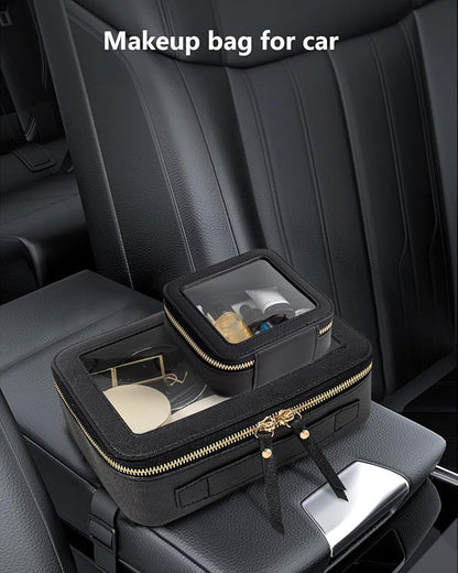 KOTORA Small Makeup Bag for Purse Cute Travel Makeup Bag Clear Cosmetic Bag with Zipper, Car Make Up Bag Organizer Storage Traveling Car Accessories Travel Essentials for Women (Black)