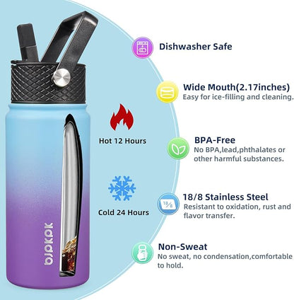 BJPKPK 2 Pack Insulated Water Bottles with Straw Lids, 18oz Stainless Steel Metal Water Bottle with 6 Lids, Leak Proof BPA Free Jugs, Cups, Flasks for Travel, Sports (Cherry+Ocean Dream)