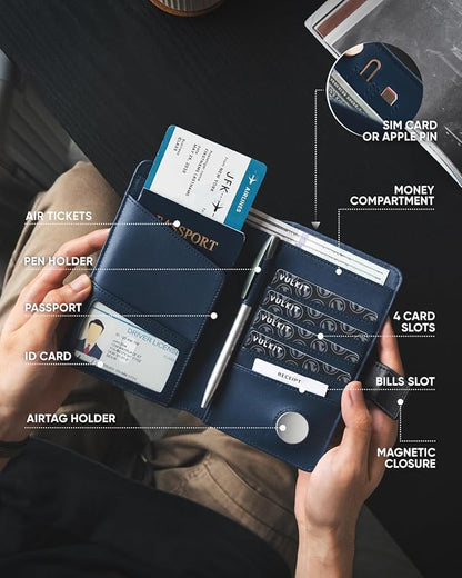 VULKIT Passport Holder with Airtag Holder RFID Blocking Passport Wallet Travel Leather Passport for Women(Black Navy)