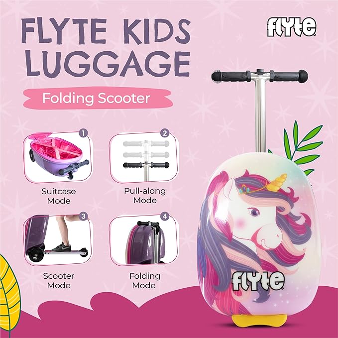 FLYTE Scooter Suitcase Folding Kids Luggage – Luna the Unicorn, 18 Inch Hardshell, Ride On with Wheels, 2-in-1, 25 Litre Capacity