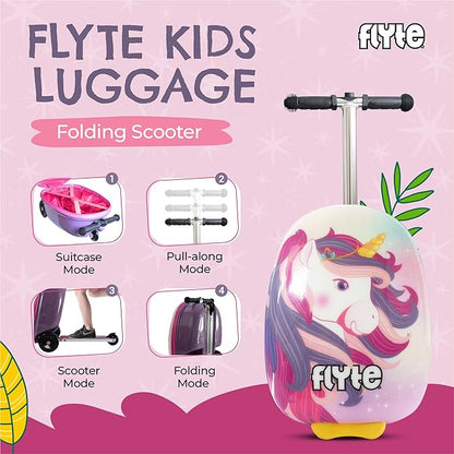 FLYTE Scooter Suitcase Folding Kids Luggage – Luna the Unicorn, 18 Inch Hardshell, Ride On with Wheels, 2-in-1, 25 Litre Capacity