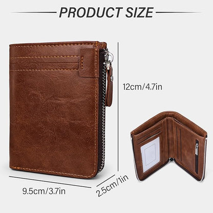 Minimalist Real Leather Wallet for Men with Zipper Card Holder and ID Window RFID Blocking Bifold Wallet (Brown)