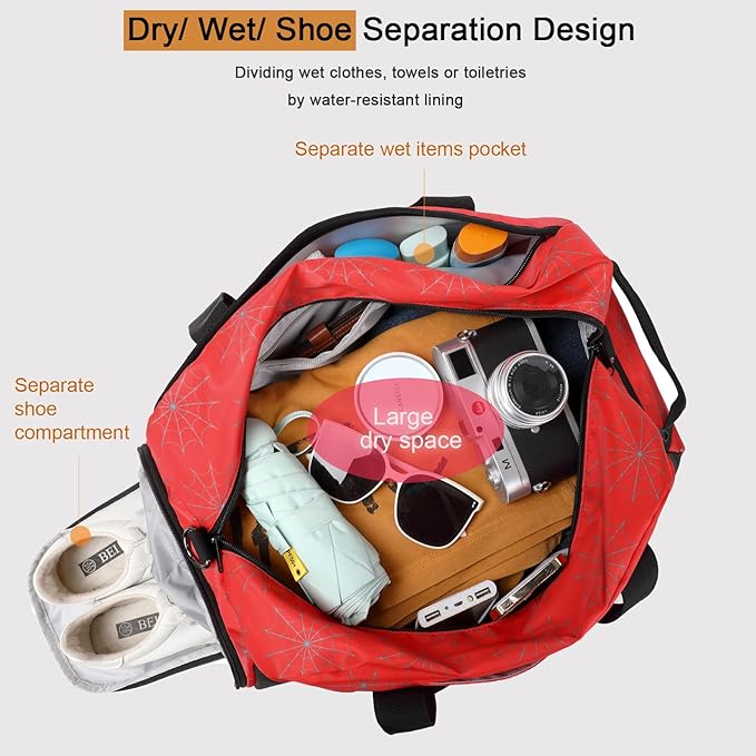 Octsky Kids Sports Gym Bag Boys Girls Overnight Weekend Bag with Shoe Compartment Small Soccer Duffel Football Bag, Spider red