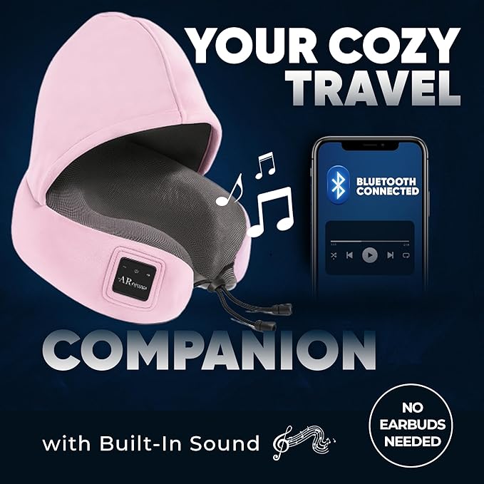 Bluetooth Music Semicircular Neck Pillow with Hood Wireless Bluetooth Speaker Suitable Airplane,Car,Office,and Outdoor Camping for Sleeping, Resting The Best Travel Essentials. (Pink)