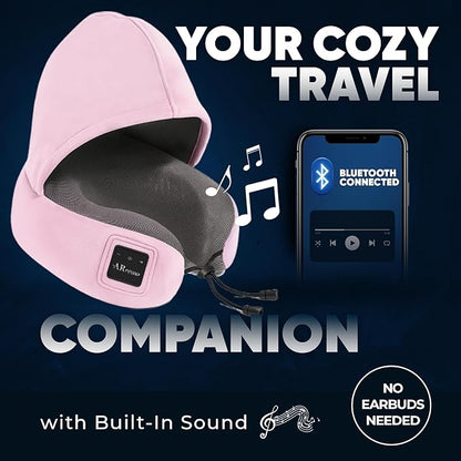 Bluetooth Music Semicircular Neck Pillow with Hood Wireless Bluetooth Speaker Suitable Airplane,Car,Office,and Outdoor Camping for Sleeping, Resting The Best Travel Essentials. (Pink)