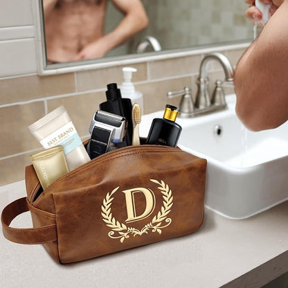 Mens Personalized Toiletry Bag Leather Waterproof Kit, Travel Shaving Bag for Men, Gifts for Christmas - DarkBrown(D)