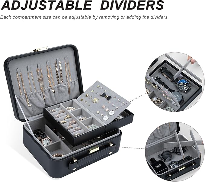 Jewelry Box for Women, Travel Jewelry Organizer Case with Jewelry Tray for Rings Earrings Necklaces Bracelets Watches, Black
