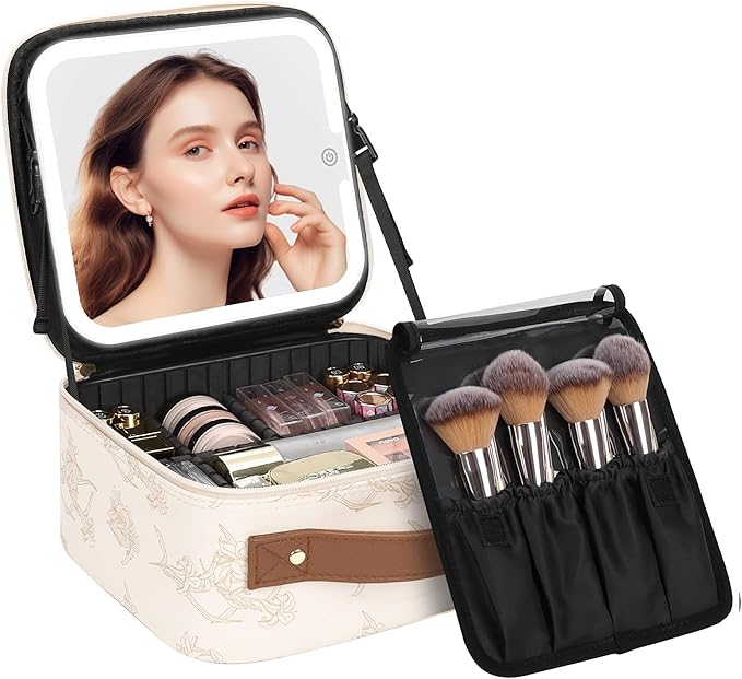 Chomeiu Makeup Bag with LED Mirror, Cute Cosmetic Bags Birthday Gifts for Girls Women, Makeup Train Case Artists Organizer Large Make Up Bags with Light Up Mirror 3 Color Lights, Beige
