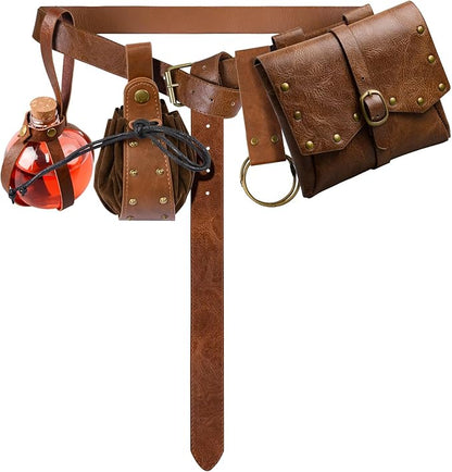 Renaissance Belt Pouch Viking Leather Medieval Belt Waist Bag Pirate Cosplay Festival Halloween Adjustable Accessories (Pouch-Brown)