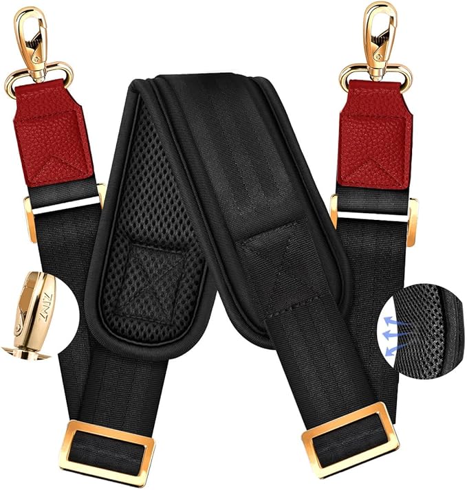 ZINZ 60" Universal Bag Strap with Ultra-thick Fixed Breathable Pad Adjustable Heavy-duty Shoulder Strap for Laptop bag Crossbody Luggage Gym Bag Camera Bag and more -Black Red