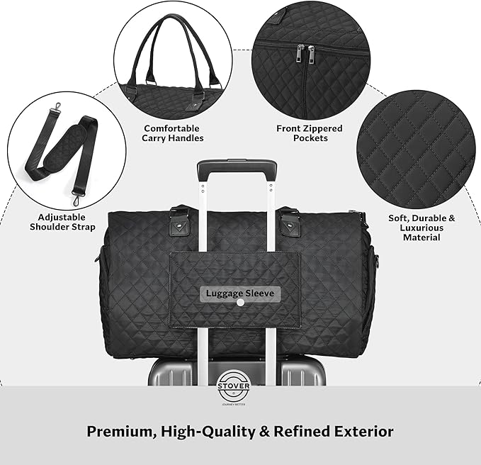 STOVER Women’s Convertible Garment Duffel Bag for Travel – 2-in-1 Carry-On Weekender/Overnight Tote - Wrinkle-Free Dresses, Hanging Suits & Clothes Plus Shoe Compartment & Bonus Toiletry Bag (Black)