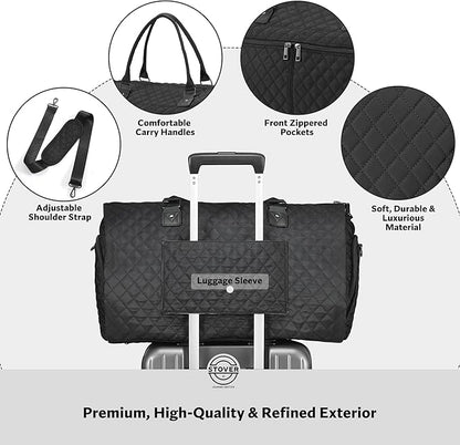 STOVER Women’s Convertible Garment Duffel Bag for Travel – 2-in-1 Carry-On Weekender/Overnight Tote - Wrinkle-Free Dresses, Hanging Suits & Clothes Plus Shoe Compartment & Bonus Toiletry Bag (Black)