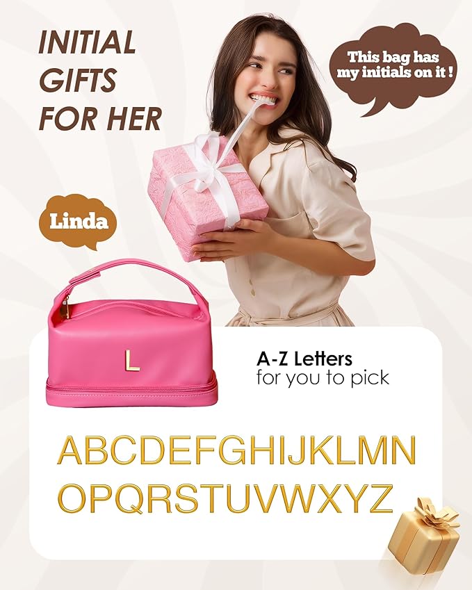 Appreciation Gifts for Women, Personalized Makeup Bag with Handle, Initial Double Layer Cosmetic Bag with Makeup Brush Organizer, Cute Cosmetic Pouch for Women, Maid Of Honor Gifts