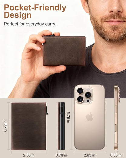 Wallet for Men Card Holder: Pop Up Card Case, RFID Blocking, Premium Genuine Leather, Slim, Minimalist, Front Pocket - 14 Card Capacity | ID Window | Cash Slot (Brown)