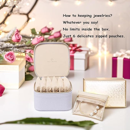 Vlando Travel Jewelry Box Organizer - 6 Small Velvet Zipped Pouches Pockets for Jewelries Necklaces Rings Earrings Sorting Storage, Lilac Purple