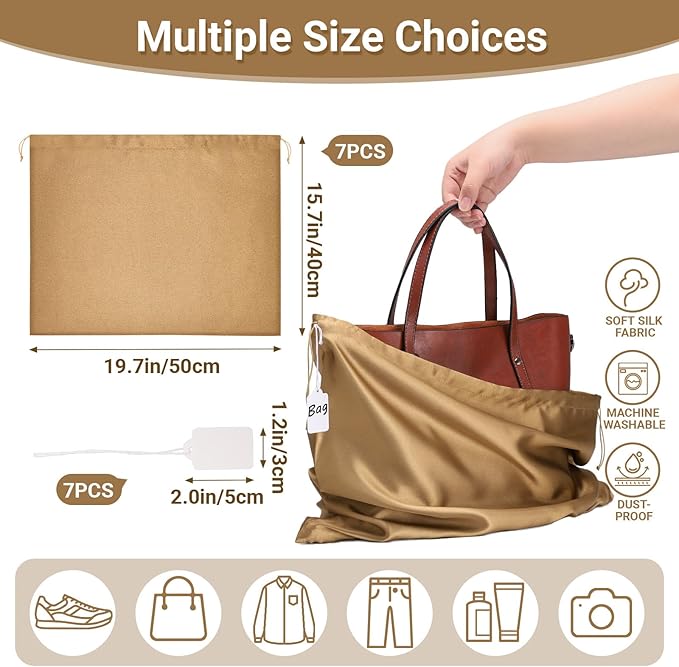 Ewen Pack of 7 Dustproof Drawstring Satin Shoe Bags with Blank Tags, 19.6x15.7in Dustbags for Handbags, Brown Travel Essentials Packing Bag Purse Organizer for Closet Home Storage Jewelry Organization
