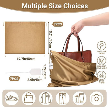 Ewen Pack of 7 Dustproof Drawstring Satin Shoe Bags with Blank Tags, 19.6x15.7in Dustbags for Handbags, Brown Travel Essentials Packing Bag Purse Organizer for Closet Home Storage Jewelry Organization