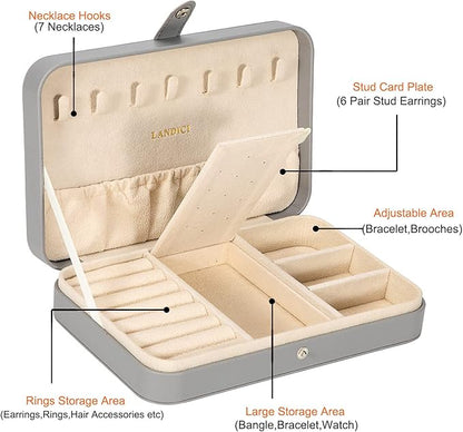 LANDICI Small Jewelry Box for Women Girls, PU Leather Travel Jewelry Case, Portable Jewelry Organizer Storage Holder Display for Ring Earrings Necklace Bracelet Bangle Men Kids Gift, Grey