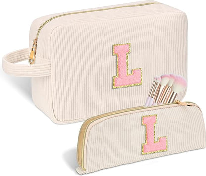 Personalized Initial Makeup Bag Trendy Stuff Corduroy Cosmetic Bag Travel Toiletry Bag, Christmas/Thanksgiving/Halloween Gifts Makeup Organizer Case for Women Girls Mom Girlfriend Wife - White