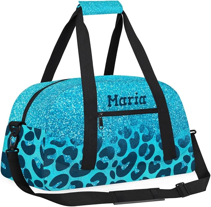 Personalized Kids Sports Duffel Bag with Name Custom Weekender Overnight Bag for Boys Girls Gym Bag Travel Dance Gymnastics Duffel Bag, Blue Glitter Leopard Print