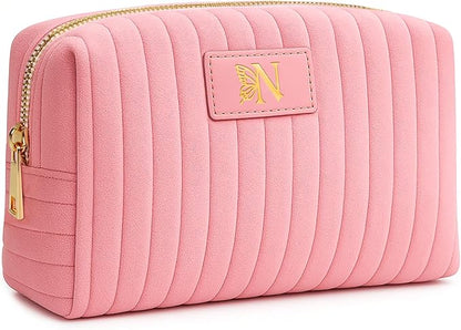 Monogrammed Make Up Bags for Women,Personalized Cosmetic Bags Women,Small Quilted Makeup Pouch,Cute Makeup Bag Travel,Birthday Gifts for Teen Girl (Pink N)