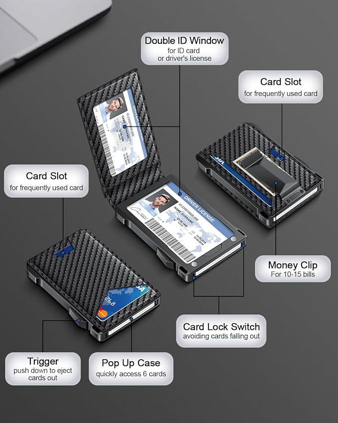 Wallet for Men RFID Wallet with 2 ID Windows & Money Clip, Slim Pop Up Card Holder for 10-12 Cards, Bifold Minimalist Smart Wallet for Front Pocket, Compact Metal Credit Card Holder, Gifts for Men