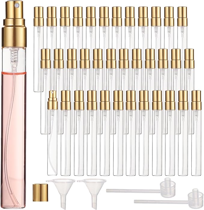 50 Pcs 10 ml Perfume Bottles - Refillable Glass Mini Spray Bottles, Portable Travel Sample Containers, Fine Mist Atomizers with Caps, Includes 2 Funnels and 2 Dispensers, Ideal for Liquids, Gold