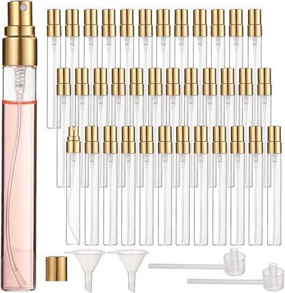 50 Pcs 10 ml Perfume Bottles - Refillable Glass Mini Spray Bottles, Portable Travel Sample Containers, Fine Mist Atomizers with Caps, Includes 2 Funnels and 2 Dispensers, Ideal for Liquids, Gold