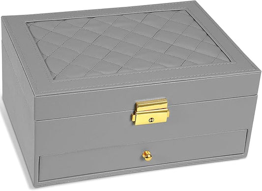 GUOER Jewelry Box for Women Girl Wife - Large PU Leather Jewelry Organizer Storage Case with Two Layers Display for Earrings Bracelets Rings Watches (Grey)