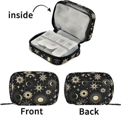 Fustylead Gold Sun Moon and Stars Travel Pill Organizer Case Zipper for Purse with Removable Weekly Pill Box for Medicine, Vitamin, Supplement Medicine Organizer