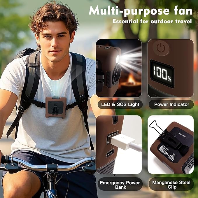 Portable Fan Wearable Personal Fan with 5 Speed Max 55 Working Hours Low Noise Portable Neck Fans Cooling Waist Fans for Camping Traveling LED Power Display 10000mAh Rechargeable (Brown)