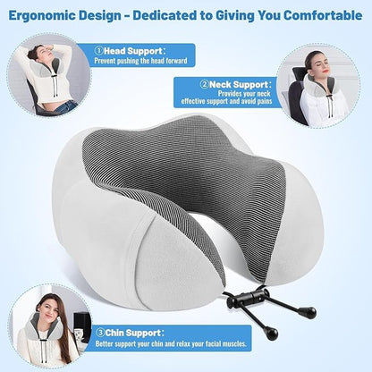 Airplane Travel Neck Pillow, 100% Memory Foam Ergonomic Neck Support, Airplanes Neck Pillow with Washable Cover Travel Essential for Flight & Office include Eye Mask, Earplugs & Carry Bag (Light Gray)