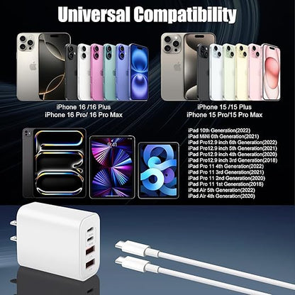 USB Type C Charger for iPhone 17 16 Pro,40W Multiport Type C Charger Fast Charging,2Pack 4Port USB C Wall Charger 10FT USBC Chargers Cord for iPhone 17/17 Pro/17 Air/16 ProMax/16e/15/15 ProMax/15 Plus