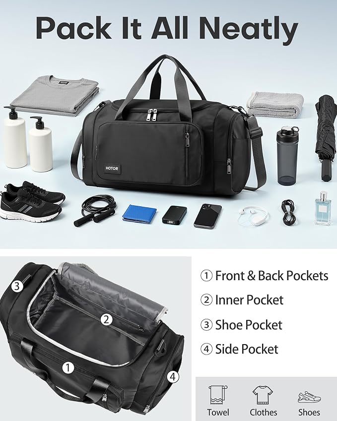 HOTOR Gym Bags for Men & Women - Spacious Duffle Bag with Shoe Compartment & Wet Pocket, Carry On Weekender Bag Portable Sports Duffel Bag for Workout, Fitness, Travel, Black, 22.6" x 11.2" x 13.6"