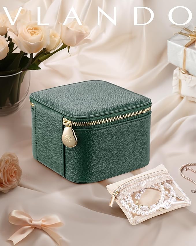 Vlando Gifts for Teachers,Travel Jewelry Box with 6 Velvet Jewelry Zipper Pockets Jewelry Case Premium Petal Hardware Travel Jewelry Organizer Graduation Gifts (Green)