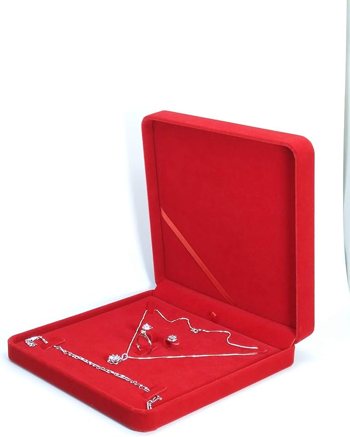 Jewelry Set Velvet Box Necklace Earring Ring Necklace Bracelet Gift Display Case Wedding Jewelry Storage Holder (Red)