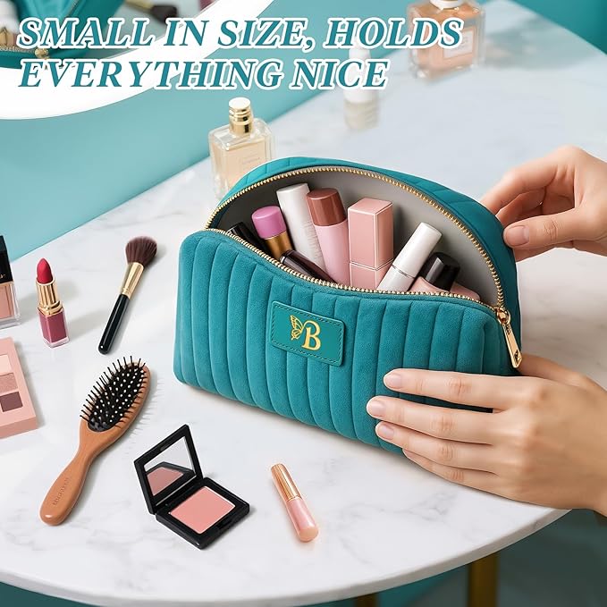 Monogrammed Make Up Bags for Women,Personalized Cosmetic Bags Women,Small Quilted Makeup Pouch,Cute Makeup Bag Travel,Birthday Gifts for Teen Girl (Blue B)