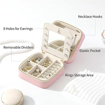 Genuine Leather Travel Jewelry Organizer Case with Mirror for Women, Small Mini Portable Jewelry Box for Ring Earrings Necklace Bracelet Luxury Gift for Women（Lilac）