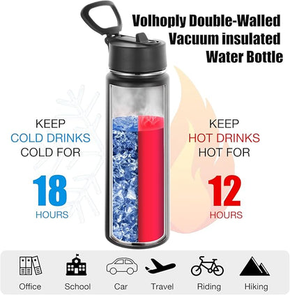 Volhoply 24oz Insulated Water Bottle With Straw Bulk 6 Pack,Metal Wide Mouth Water Bottles With Handle Lid Keep Cold,Reusable Double Wall Cups,Powder Coated Sport Bottle For Holder(Black,6 Count)