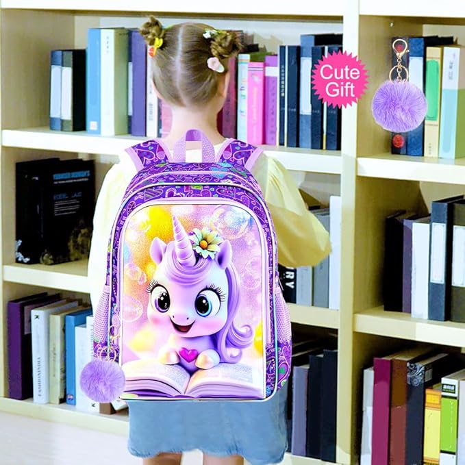 WZLVO 3PCS Unicorn Backpack, 16" Glittery UV Printing Girls Bookbag/School Bag with Lunch Box & Pencil Bag for Preschool to Elementary - Reading Unicorn Purple