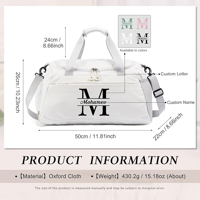 Personalized Travel Duffel Bag with Name - Custom Letter Oxford Cloth Gym Bag with Shoes & Wet Pockets Sport Bag Weekender Overnight Bag for Traveling for Women Men Gift for Christmas Groomsman Brides