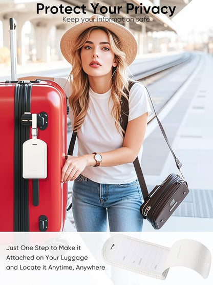 Luggage Tags Built-in Anti-Loss Tracker, Luxury Leather Luggage Tags for Suitcase, Travel Bags, Backpacks, Travel Organizer for Lost Baggage Prevention (Creamy White)