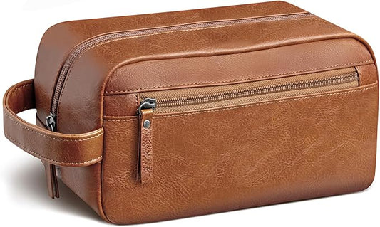Travel Toiletry Bag for Men and Women, Travel Shaving Dopp Kit Water-resistant Bathroom Toiletries Organizer PU Leather Cosmetic Bags (Dark Brown)