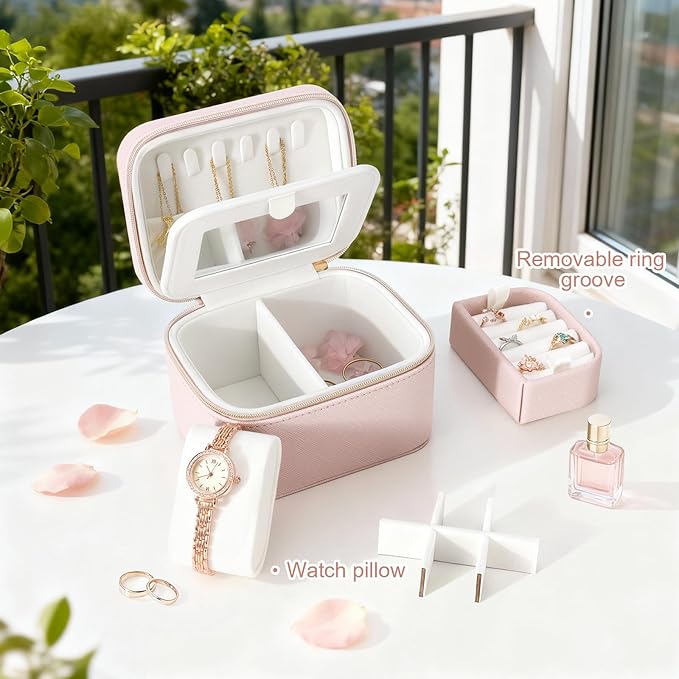 DesignSter Travel Jewelry Case,Small Jewelry Box with Mirror,Leather Material Travel Jewelry Case Organizer, Portable Jewelry Organizer with Zipper(Pink