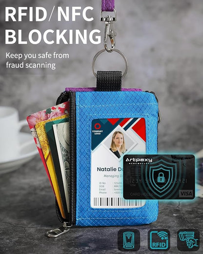 Minimalist Wallet For Mens Womens, Keychain RFID Blocking Zipper Small Wallet with ID Window 2 Lanyards,Water Resistant Travel Cash Card Coin Case Boys Girls