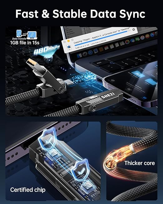 SHEZI Nylon Braided 4 in 1 USB C Cable 100W 3FT Compatible with Lightning Cable, Fast Charging for iPhone/iPad Charger Cord [480Mbps Data Sync],Multi Charging Cable with Type C/USB A, Grey