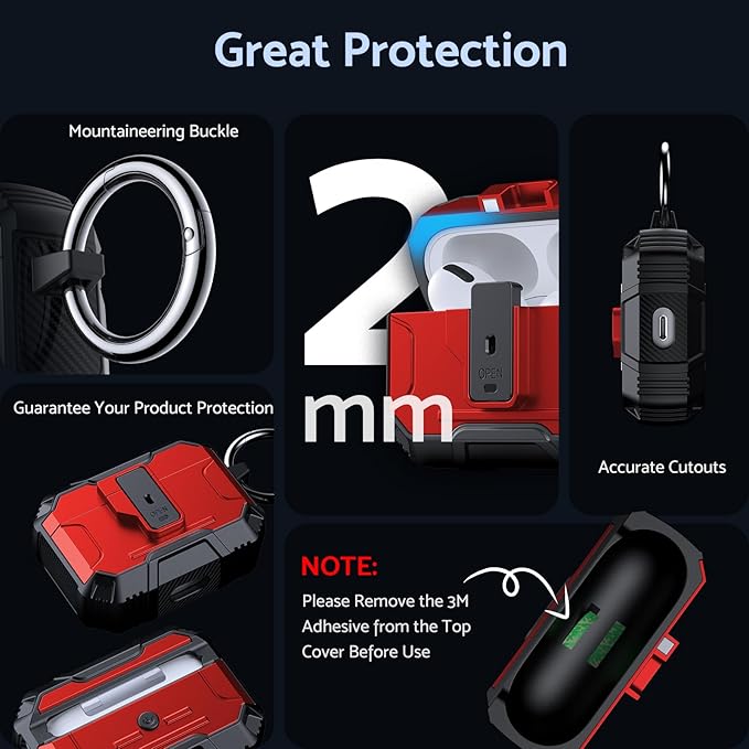 DASFOND Armor Earphone Cover Case for Airpods Pro, Military Grade Full Body Shockproof Protection Hard Case, Support Wireless Charging with Keychain, Magnetic Lid, Front LED Visible, Red